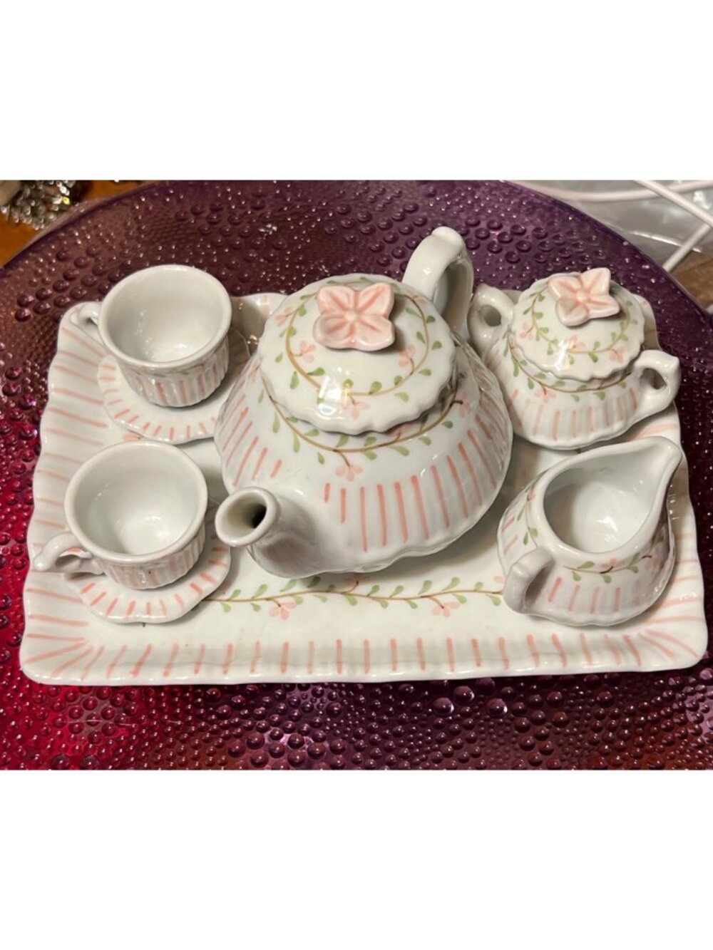 Hand-Painted Porcelain Mini Tea Set With Floral & Pink Stripe Design Shabby Chic - Picture 2 of 6
